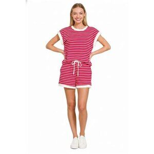 Zenana Stripe Contrast Trim Top & Shorts Set